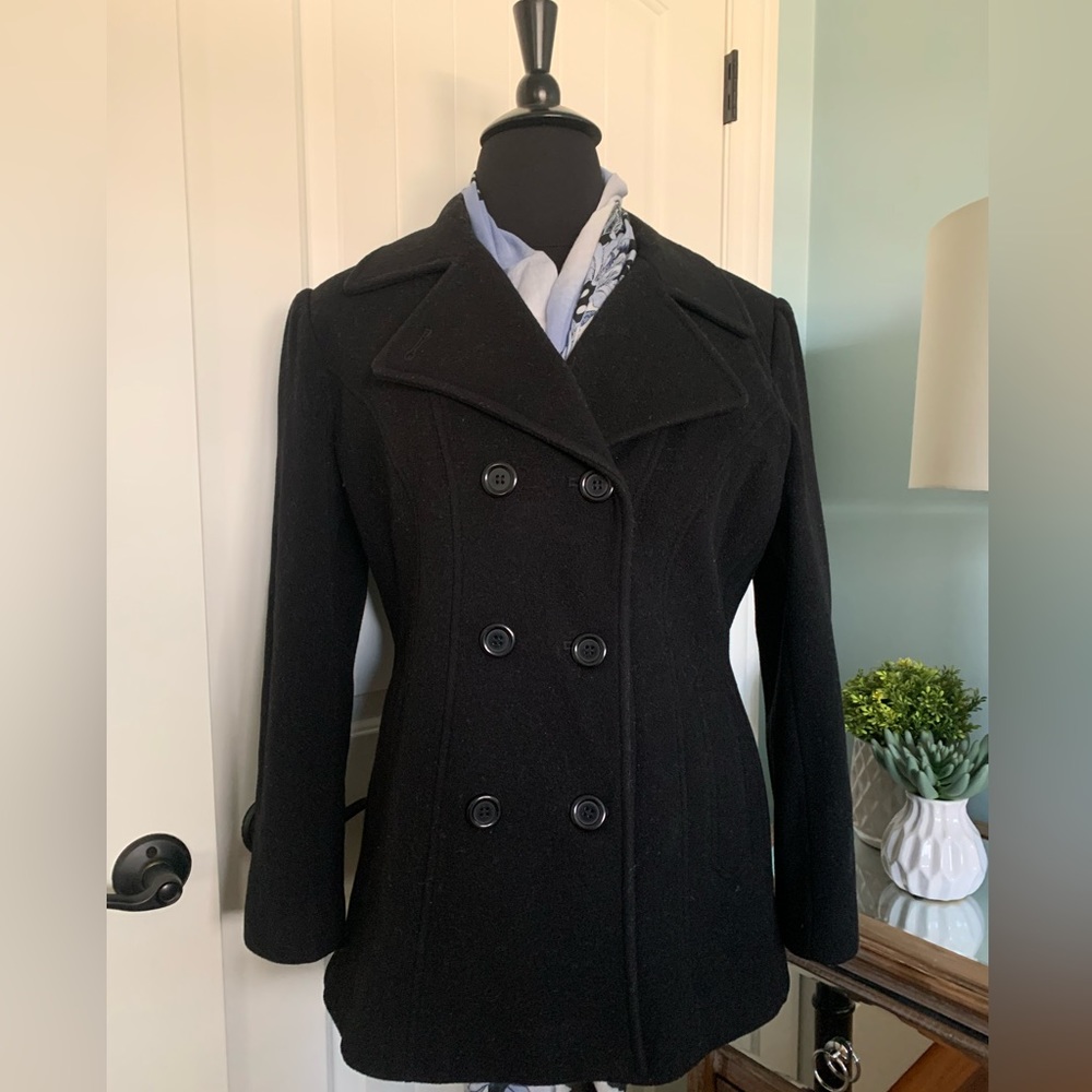 Anne Klein, Women’s Wool Pea Coat, Double-Breasted, Fitted, Black, Size XL